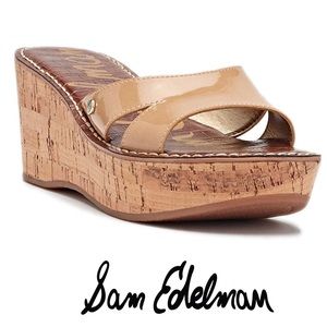 Sam Edelman natural tan cork patent wedge sandals.  Great pre owned condition.